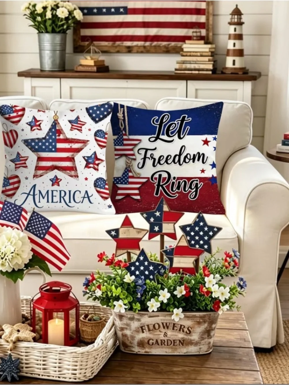 🆕 4 pk Patriotic Red, White & Blue Decorative Pillow Cover Set - Home Holiday